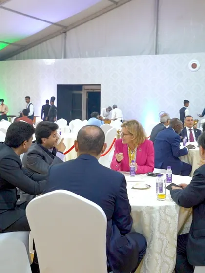 International delegates engaged in conversation over a meal at WTSA 2024. Our menus are designed to foster connection and provide a comfortable environment for networking.