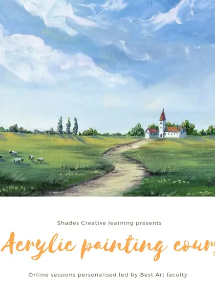 An advertisement for our online acrylic painting courses, featuring a beautiful landscape to inspire potential students.