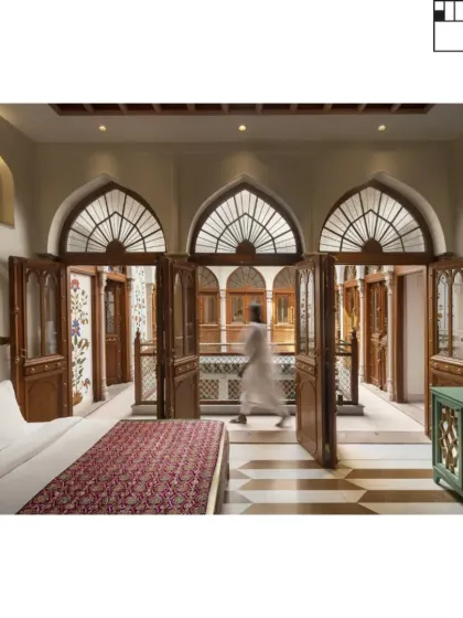 In this suite at the Golden Haveli, every detail is designed to connect the present with the past. The arched doorways open to the central courtyard, creating a seamless flow of space and light, a hallmark of traditional haveli architecture.