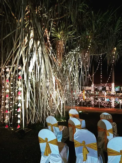 This image shows how I use strings of lights and hanging floral details to decorate natural foliage at a venue. It adds a festive touch to the existing landscape.