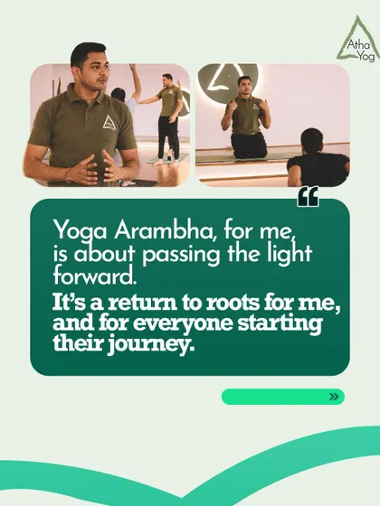 A quote from me about my personal connection to Yoga Arambha. It is about sharing the practice that has shaped my life and creating a space for others to begin their own journey.