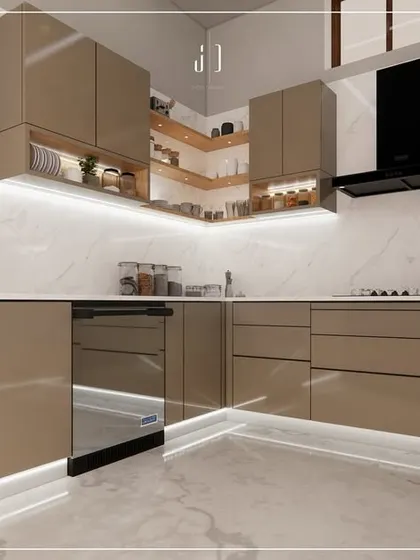 Another angle of the 3D kitchen design, showing the placement of the dishwasher and the seamless integration of appliances. The under-cabinet and toe-kick lighting adds a luxurious touch.