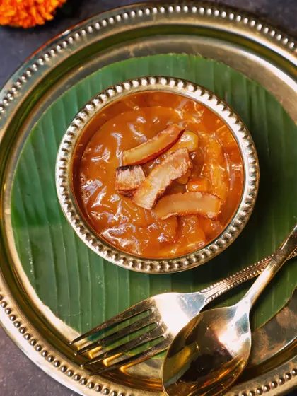 A close-up of my Ada Pradhaman, showing the rich texture from the slow-cooked jaggery and tender coconut flakes. This is a dessert that warms the soul.