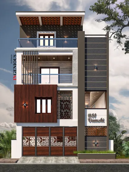A frontal 3D view of the proposed duplex for a 30x40 site. This visualization clearly shows the material details, including the patterned main gate, vertical wooden slats, and the texture of the facade cladding.
