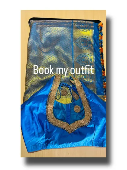 This bright blue silk blouse was designed with a deep, rounded back neckline, highlighted by a delicate border of gold beadwork. It’s a simple yet elegant design that can be customized for any saree.