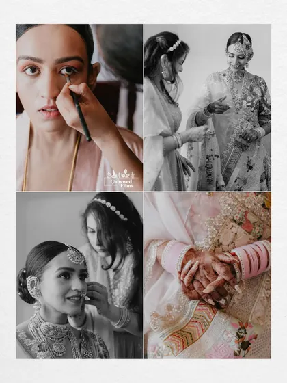 A collage of black and white getting-ready shots, from makeup application to the final touches, telling a story of transformation.