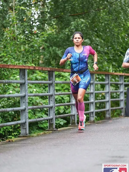 Crossing a bridge on the run course. The varied terrain keeps you engaged and tests your adaptability.