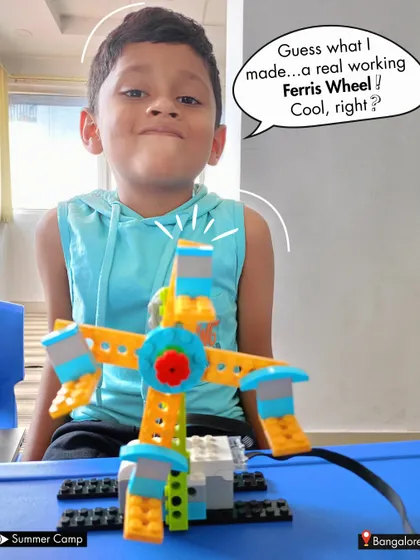 "Guess what I made... a real working Ferris Wheel!" This student from my summer camp is beaming with pride after building a classic amusement park ride.