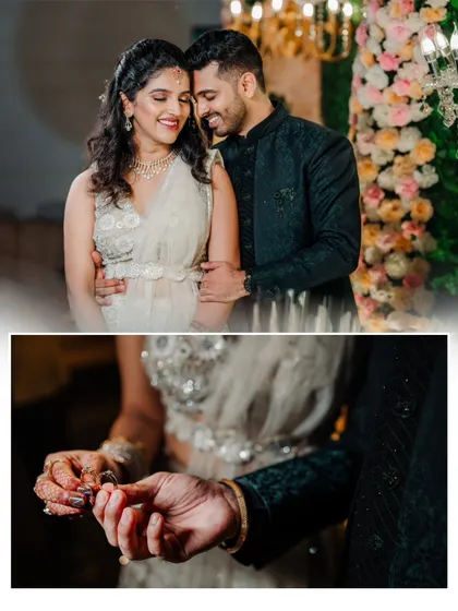 A collage featuring a romantic embrace and a close-up of the couple holding hands, showing off the new engagement ring.