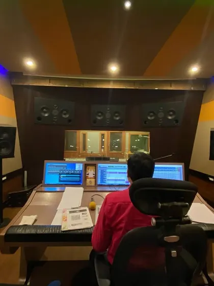 The view from the engineer's chair at Mahadev Studio during my session. This is where all the recorded elements come together to form the final track.