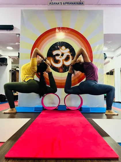 A partner pose using wheels to support a deep Kapotasana, or Pigeon Pose backbend. This demonstrates how props can facilitate advanced partner work.