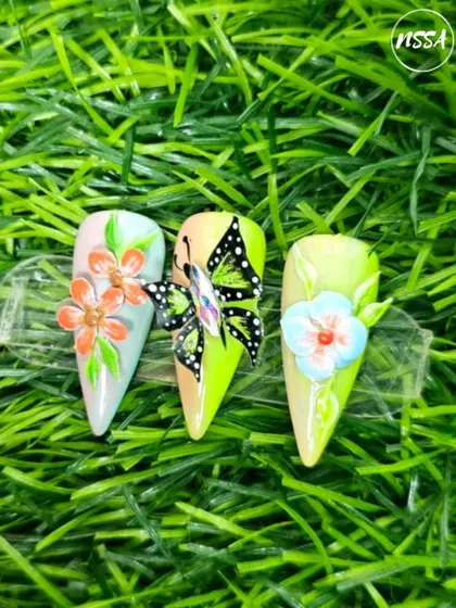 This vibrant set was created by one of my talented students. They've combined hand-painted flowers with a stunning 5D butterfly, showing excellent control of color and dimension.