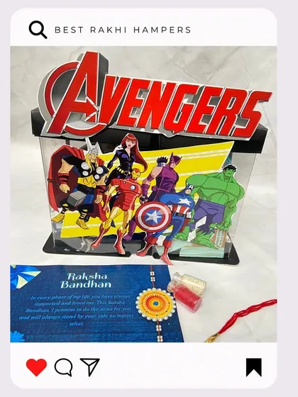 For the little superhero in your life, our Avengers-themed Rakhi hamper is a guaranteed hit. This fun box is filled with goodies a young fan will love.