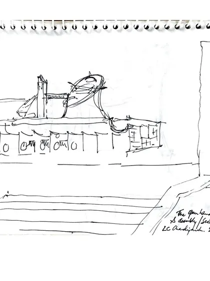 My process always begins with enquiry, often through hand-drawn architectural sketches like this one. This drawing, from a visit to Le Corbusier's Chandigarh, is a study of form and space, a dialogue with a master that informs my own thinking.