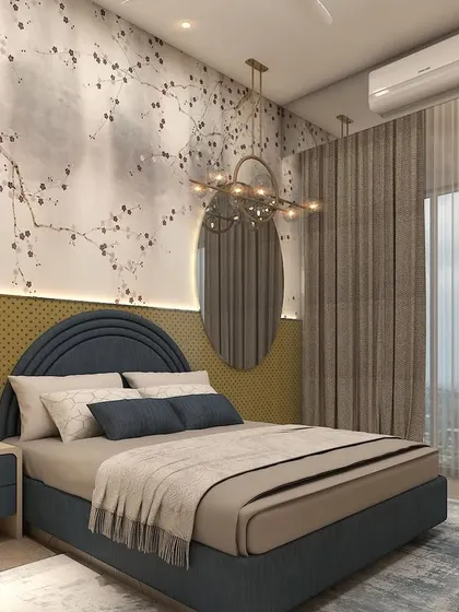 Even a child's room can be designed with sophistication and longevity in mind. This concept uses a playful yet elegant cherry blossom wallpaper, a rich blue upholstered bed, and modern lighting to create a space that can evolve with the child.