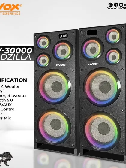 Unleash the Godzilla of sound with my INV-30000 model. It features four 10-inch woofers, multiple tweeters, and a wireless mic for a monstrously powerful home theatre experience.