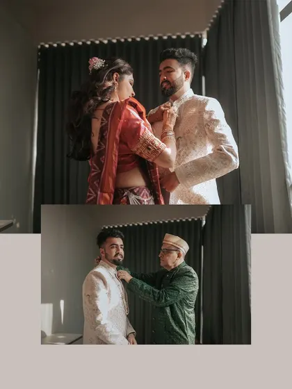 A collage showing the getting ready moments. The bride helps the groom with his outfit, and a father helps his son, capturing the love and support of family.