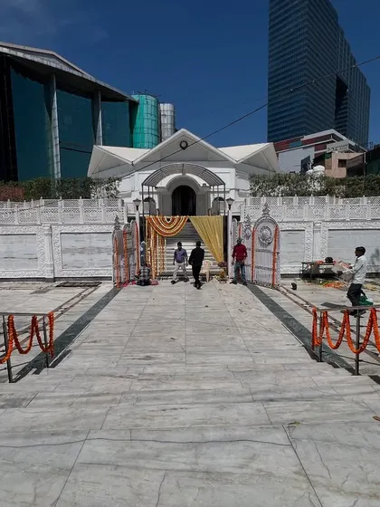 A wide shot of the venue entrance, ready to welcome guests for the wedding ceremony.
