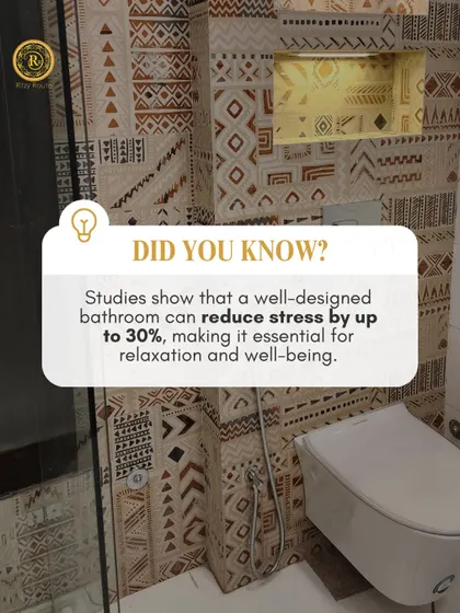 Did you know a well-designed bathroom can reduce stress? This space, with its earthy, patterned tiles and clean layout, is designed to be a relaxing retreat.