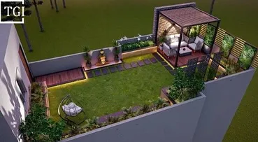 An aerial view of our proposed design for a Noida penthouse. The layout maximizes the space with a central lawn, a water feature, a dedicated seating deck, and a covered lounge area for a complete outdoor experience.