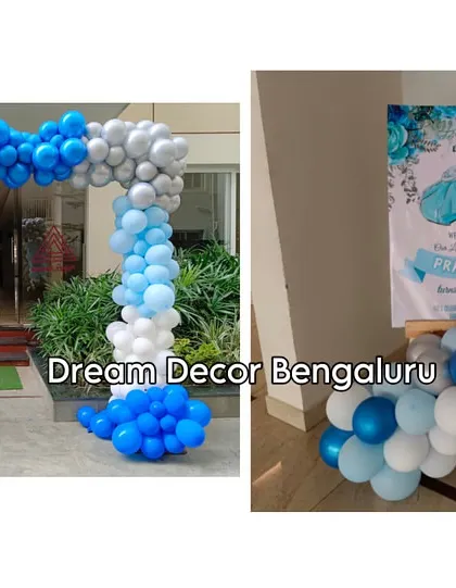 The entrance decor for our Cinderella theme. A balloon arch and a personalized welcome sign on an easel set the stage for the royal celebration inside.
