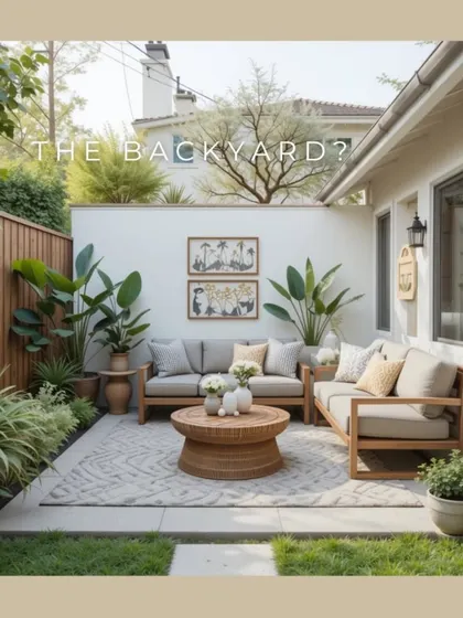 A backyard can be your personal comfort space. This design features a cozy outdoor seating area with comfortable wooden furniture, a patterned rug, and lush greenery, creating a private sanctuary for relaxation.