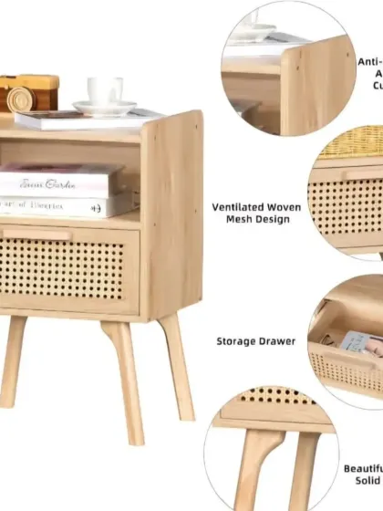 This stylish bedside table features a solid wood frame and a drawer with a ventilated woven rattan mesh front. The detailed view highlights its practical features, including a storage drawer and sturdy legs, making it a functional and beautiful addition to any bedroom.