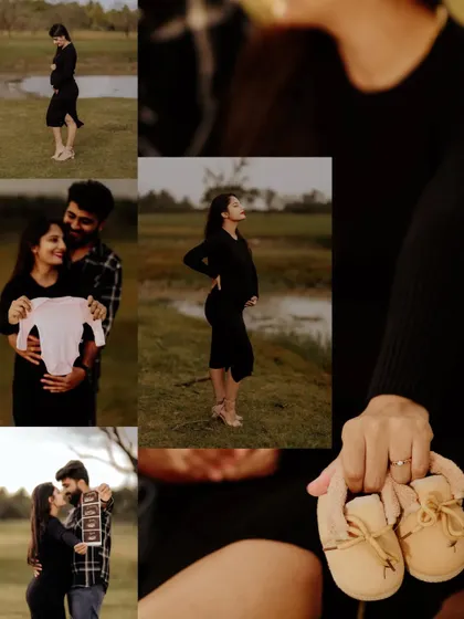A collage that tells the story of a maternity journey. It includes solo portraits of the mom-to-be, a shot with her partner, and close ups of meaningful details like an ultrasound photo and baby clothes.