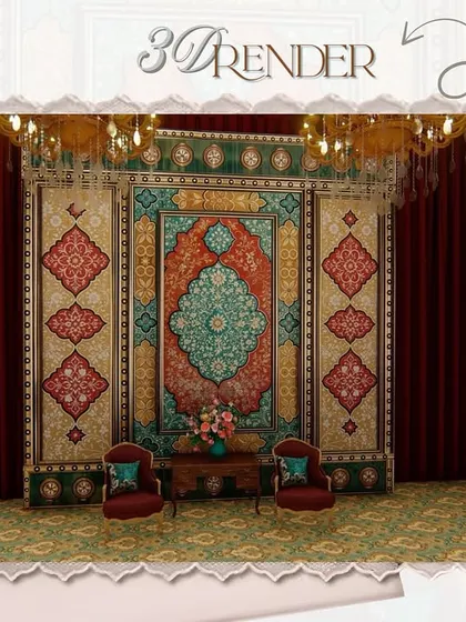 A 3D render of a studio nook for the Mysore Mandira theme, inspired by an opulent townhouse in Kuwait. This shows how we draw inspiration from global design to create unique spaces.