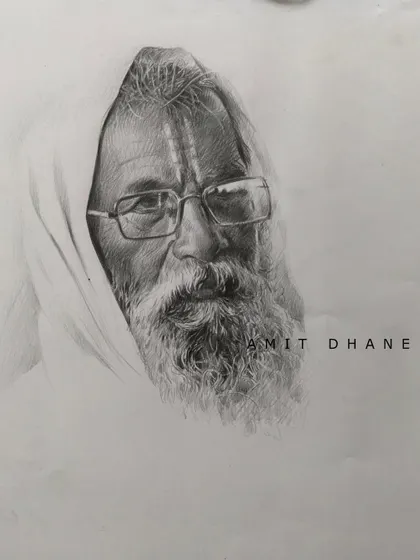 A complete pencil sketch of an elderly man. This is a study in light and shadow, using only graphite to create a sense of form and character.