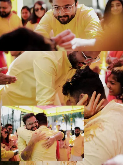 A duplicate of a collage capturing the emotional and fun moments between the groom and his friends during the Haldi ceremony.