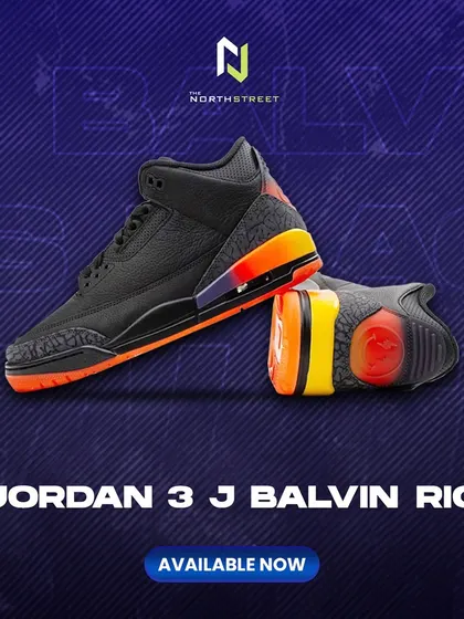 The Jordan 3 J Balvin 'Rio' is available now. This promotional graphic highlights the shoe's unique profile and vibrant colorway.
