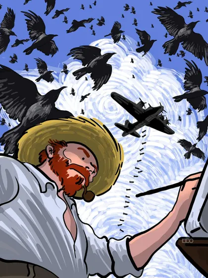A visceral expression of my hatred for war. I depict Vincent painting as warplanes morph into crows in the sky, dropping bombs on the fields below. It is a piece about the defilement of nature and peace by human conflict.