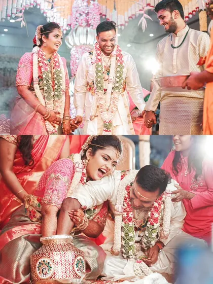 A collage of joyful and playful moments from the wedding ceremony, highlighting the couple's laughter and happiness.