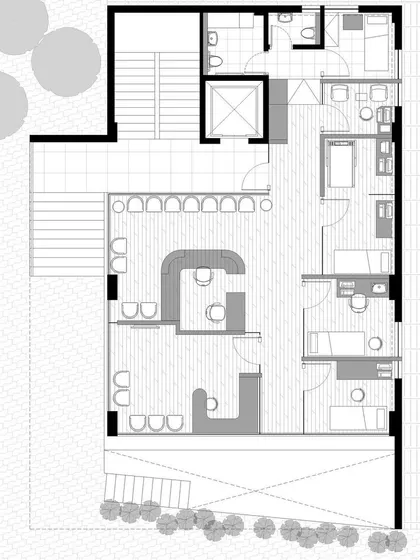 The floor plan for the TREA diagnostic clinic. This layout demonstrates our approach to space planning in a healthcare context, maximizing efficiency while creating intuitive paths and private zones for patient comfort.
