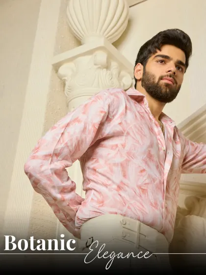 Botanic Elegance. A light pink linen shirt with a soft leaf pattern, paired with cream pleated trousers. This ensemble is crafted for effortless summer style.