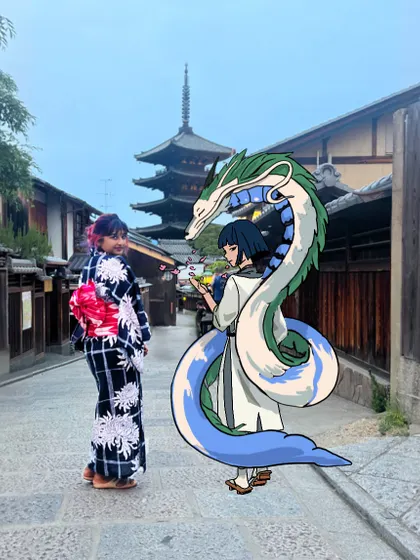 A throwback to my Japan trip, where I imagined meeting Haku from 'Spirited Away' in the streets of Kyoto. I love adding these fantasy elements to my travel photos.