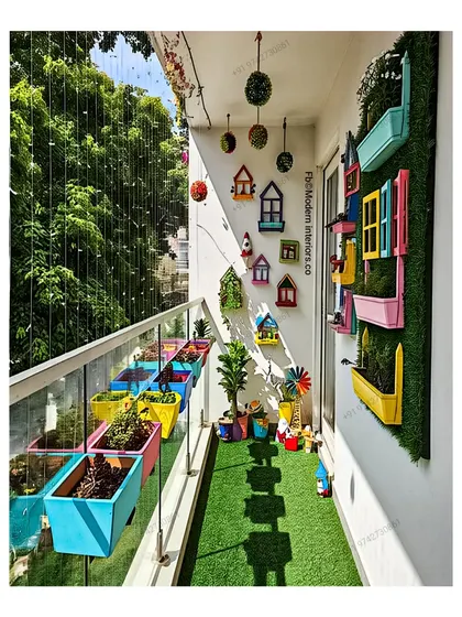 For clients who love a pop of personality, I design vibrant and playful spaces. This balcony uses a rainbow of colorful planters on the railing and wall, whimsical birdhouse decorations, and hanging moss balls to create a cheerful and energetic outdoor retreat.