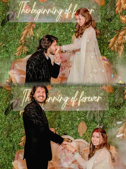 A collage of tender moments from the engagement, including a kiss on the hand.
