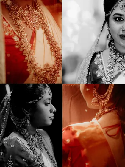 A powerful collage of close-up shots, some in black and white, focusing on the bride's jewelry and profile.
