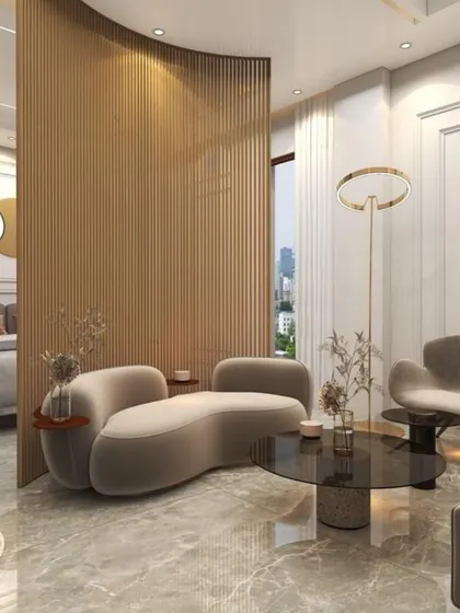 A clever studio apartment layout in a 3D render, using a curved wooden partition to separate the sleeping and living areas while maintaining an open feel.