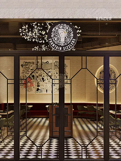 Our render of the Fountain Sizzlers facade, showing the Art Deco-inspired metalwork and signage.