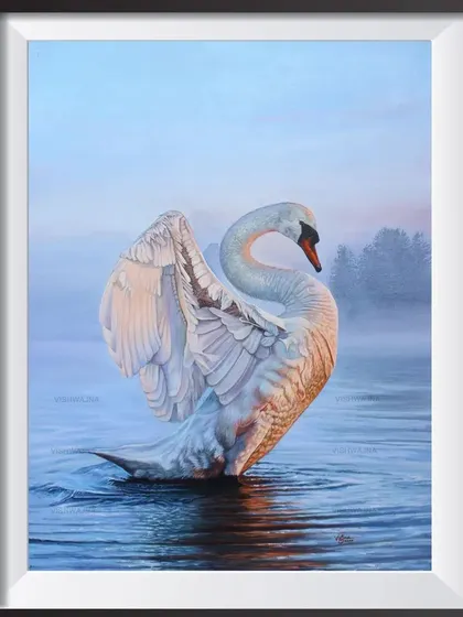 An elegant and serene painting of a swan, created with acrylic on canvas. I focused on capturing the soft light of dawn on its feathers and the gentle ripples in the water to create a hyperrealistic and peaceful scene, perfect for home decor.