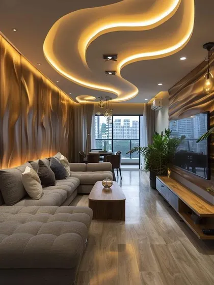 This living room design uses organic shapes and textures to create a unique and modern space. The wavy, backlit ceiling and textured wooden wall panels add drama and movement.