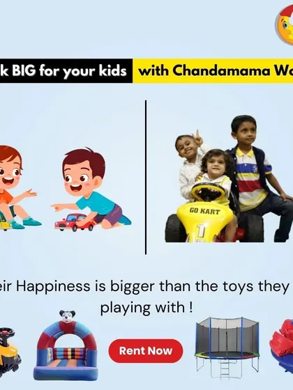 Think big for your kids with Chandamama World. This graphic illustrates that their happiness is bigger than the toys they play with, and I provide the best equipment like go-karts and trampolines to make it happen.