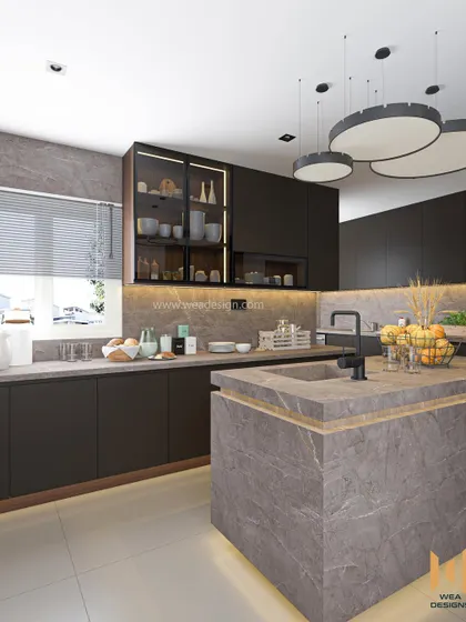 An upcoming kitchen project at Purva Smiling Willows, featuring a large island and countertops made from high-end imported granite.