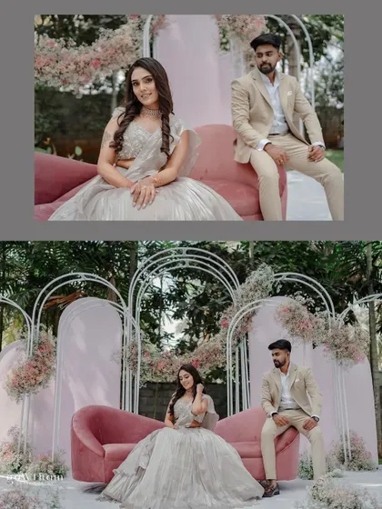 A collage of the couple posing in the elegant engagement setting we designed.