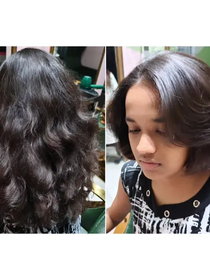 A dramatic before and after, showing a transformation from long, wavy hair to a chic and stylish short bob, perfect for beating the summer heat.