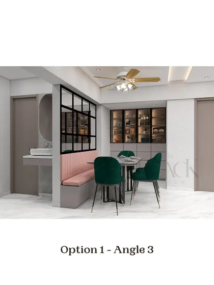 The dining area concept for 'Option 1,' featuring a bench seating arrangement with pink upholstery and a glass partition. This design maximizes seating in a compact space.