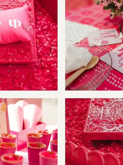A collage of the personalized details from the 'Gulabi Haldi', including monogrammed cushions in Hindi, custom coasters, and cones filled with pink petals for guests to shower the couple.
